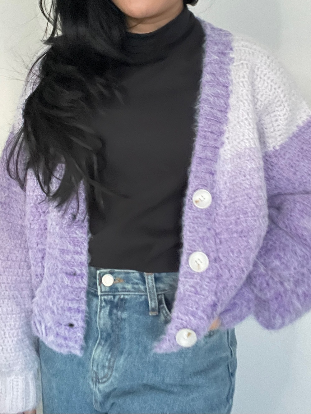 Lavender Colorblock Chunky Knit Cardigan Sweater